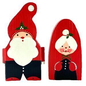 Vintage Wooden Santa & Mrs Claus Figurines Hand Painted Christmas Decor Set